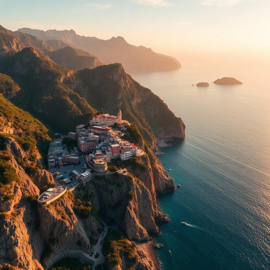 Vista aerea della Costiera Amalfitana con Positano a picco sul mare al tramonto