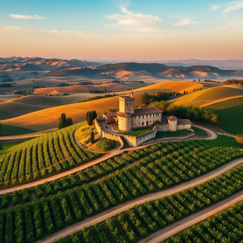 Vista aerea del Chianti con vigneti, colline e un castello medievale al tramonto