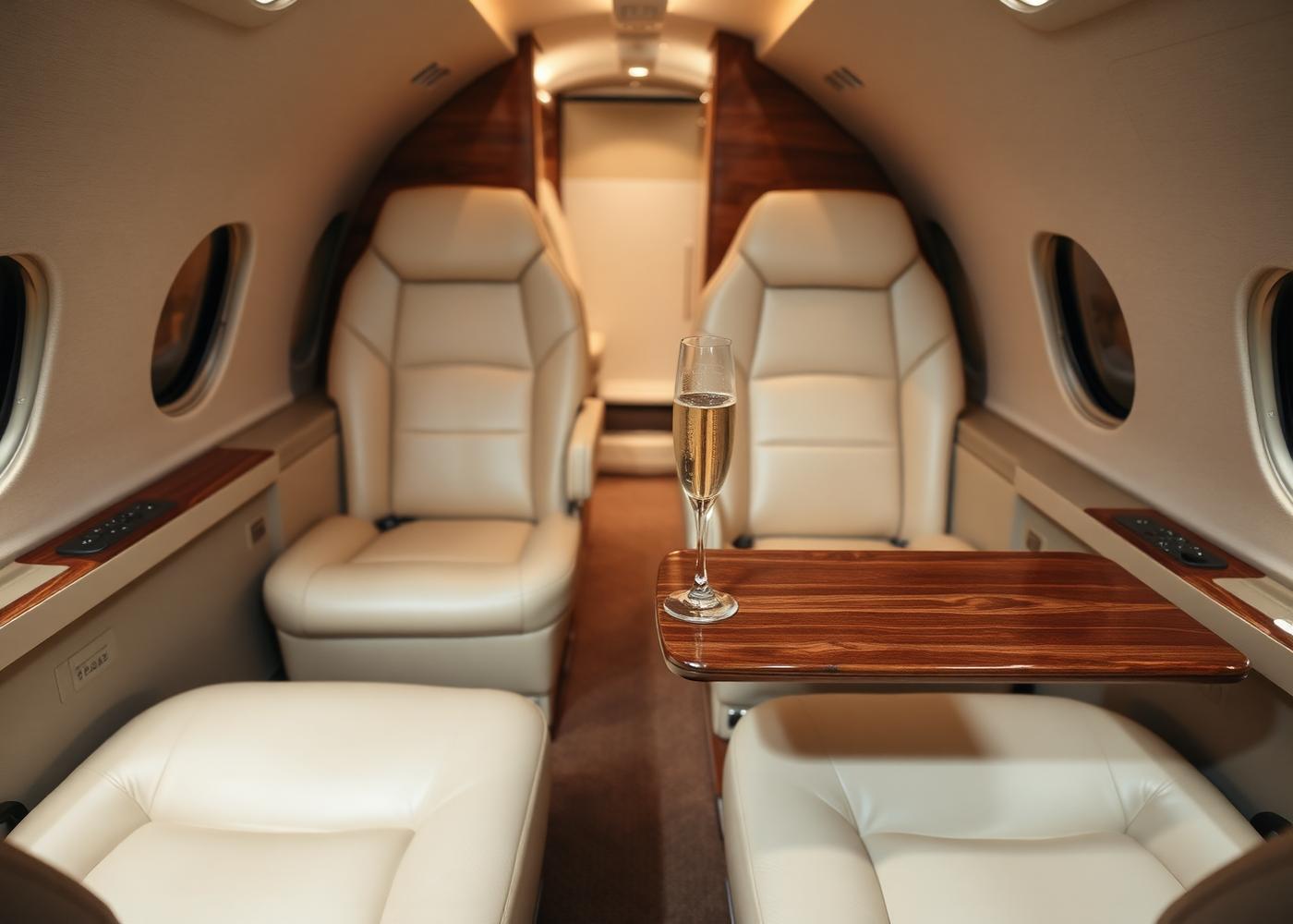 Interno di jet privato con sedili in pelle e calice di champagne