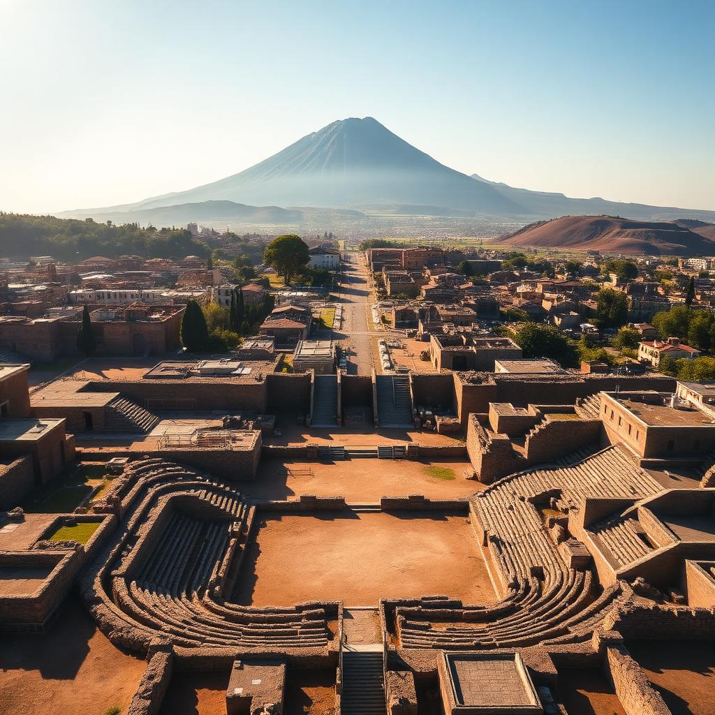 Vista aerea degli scavi di Pompei con il Vesuvio sullo sfondo