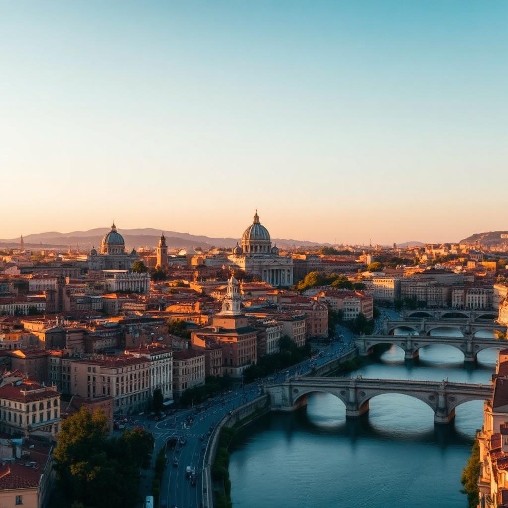 Vista aerea di Roma al tramonto con la Cupola di San Pietro sullo sfondo