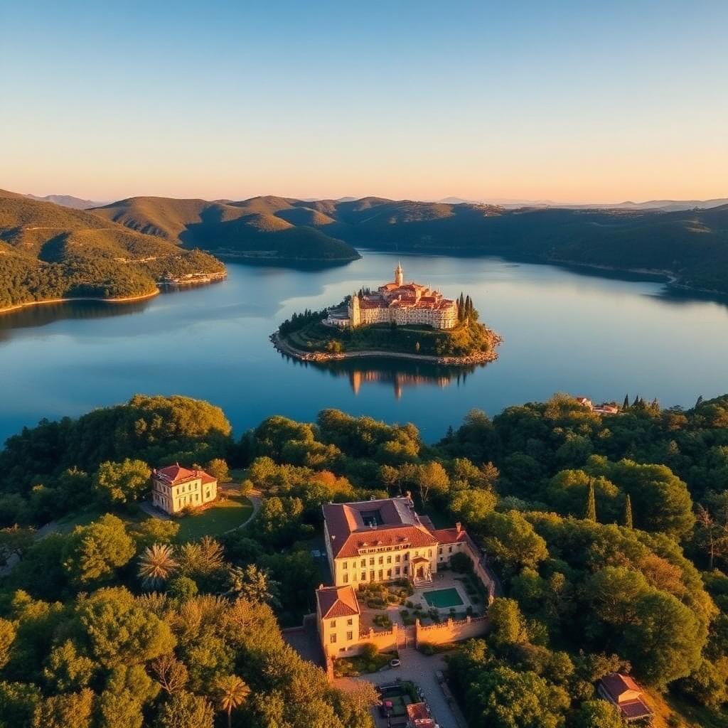 Vista aerea di Castel Gandolfo e del Lago di Albano immersi nel verde