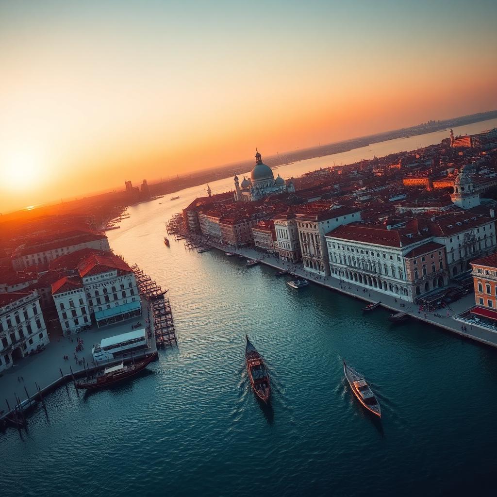 Vista aerea di Venezia al tramonto con Canal Grande e laguna