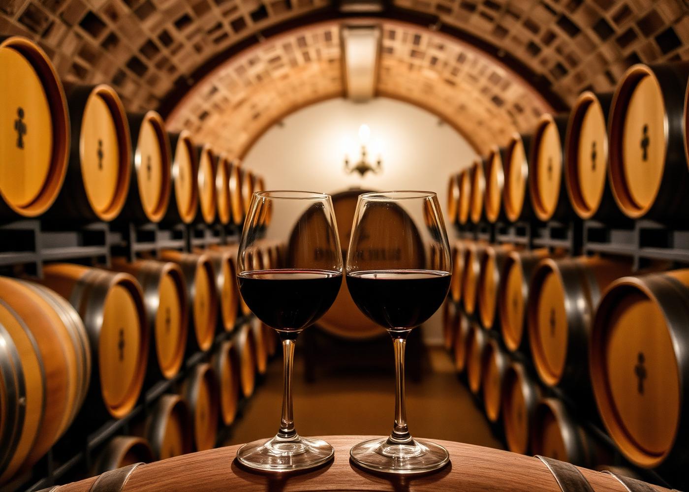 Cantina toscana con barrique e calici di vino rosso